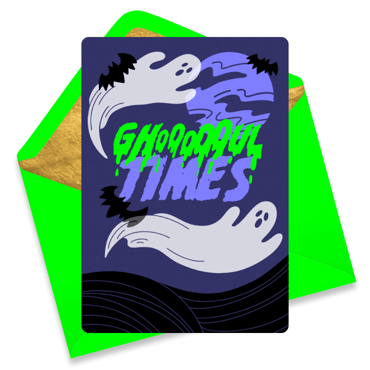 Halloween card with two white ghosts, a spooky purple moon, and the text 'Ghooooul Times'.
