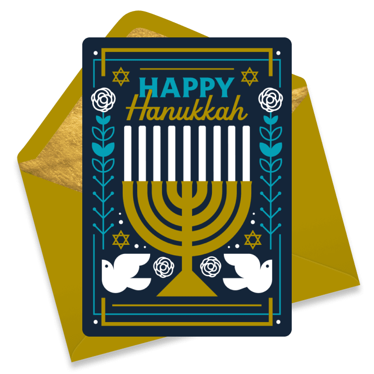 Hanukkah card featuring a golden menorah with white candles, doves, flowers, and Star of David designs.