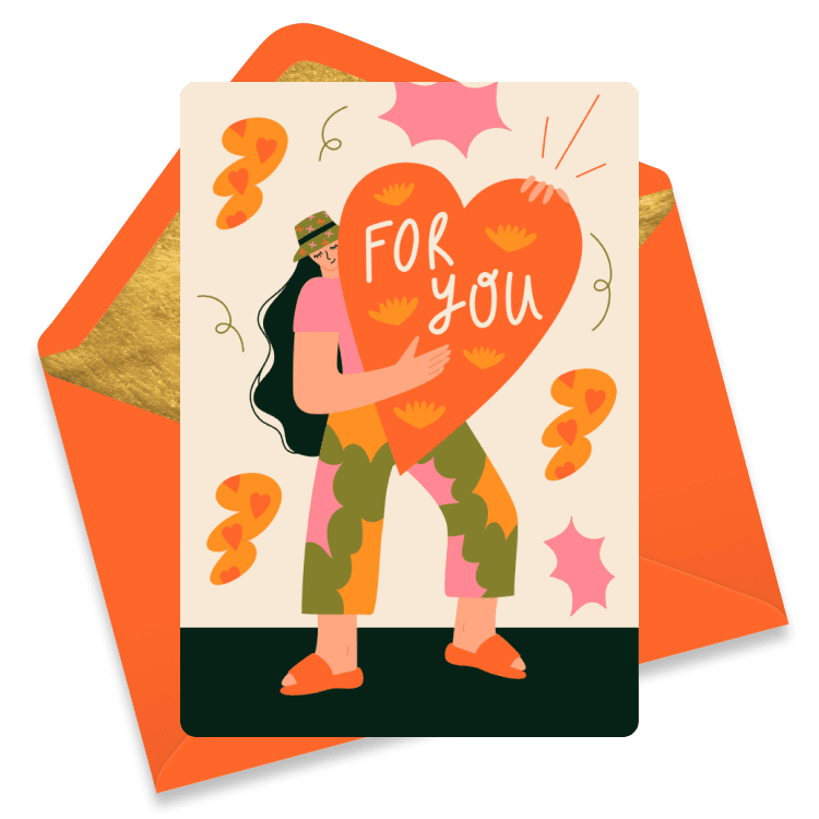 Illustration of a person holding a giant orange heart with the words 'For You', surrounded by orange and pink leaves.