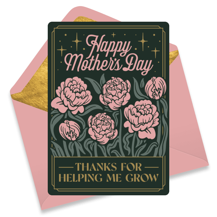 Elegant Mother's Day card with pink flowers and the words 'Thanks for Helping Me Grow'