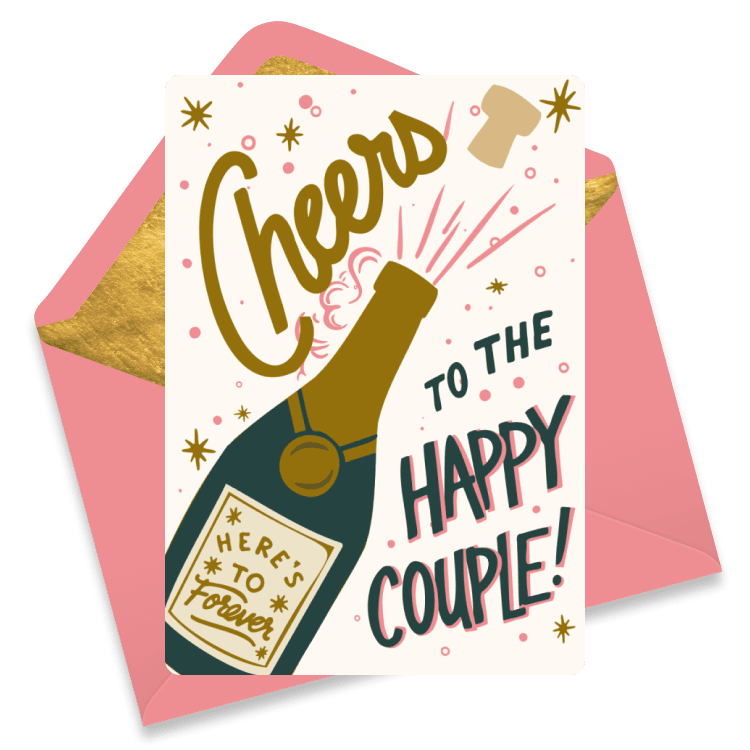 Festive wedding or celebration eCard with a champagne bottle popping and the text 'Cheers to the Happy Couple! Here's to Forever' on a pink background.