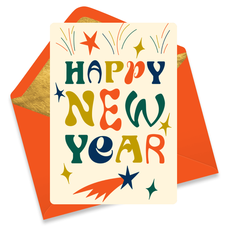 Typographic New Year eCard reading “Happy New Year” in colorful letters with small fireworks and stars.