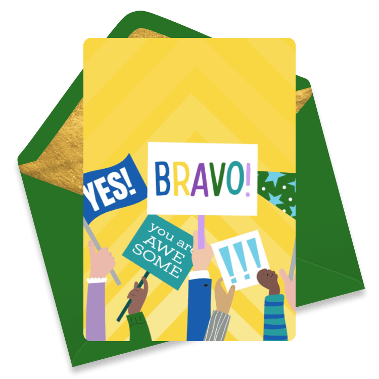 Congratulations eCard with hands holding cheer signs on a yellow background reading BRAVO, YES, you are AWESOME, and exclamation marks.