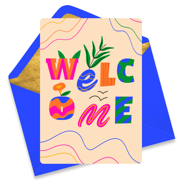 Colorful welcome eCard with playful typography, abstract shapes, and vibrant patterns spelling out 'WELCOME' on a light background.