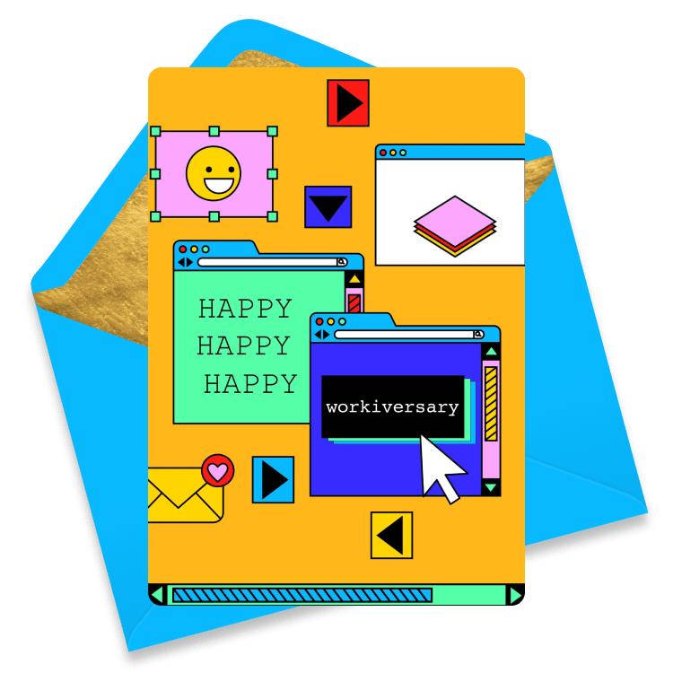 Colorful workiversary eCard with a bright yellow background, playful icons, and computer windows displaying 'Happy Happy Happy' and 'workiversary'.