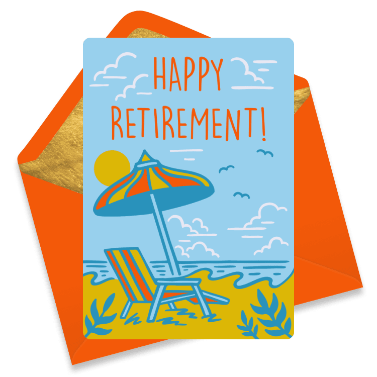 Colorful eCard with a beach chair and umbrella on a sandy shore with the text 'Happy Retirement!'.
