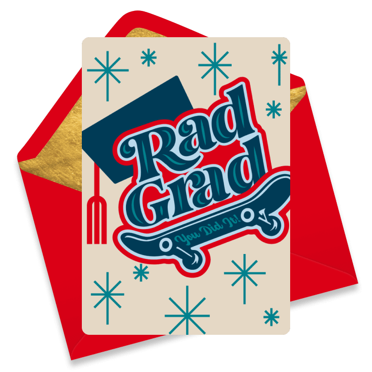 Fun graduation eCard with a skateboard, graduation cap, and the bold text 'Rad Grad - You Did It!'.