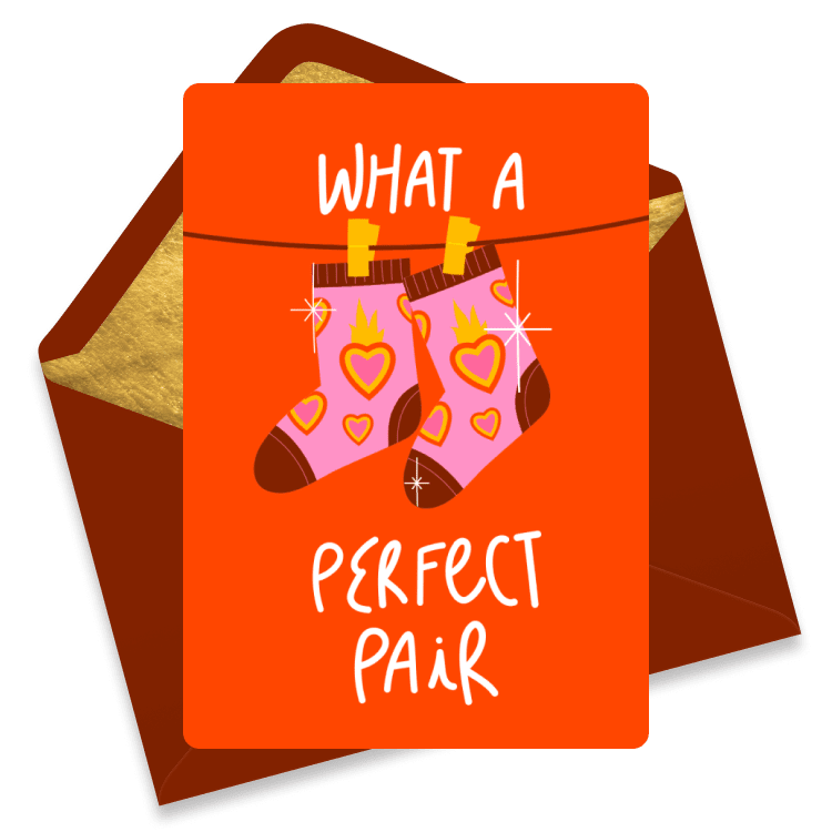 Quirky love eCard featuring illustrated socks with hearts and the phrase 'What a Perfect Pair'.