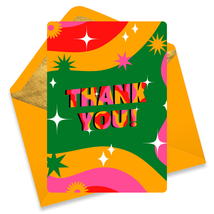 Bold and colorful thank you eCard with retro-inspired swirls of green, orange, pink, and red, featuring bright sparkles and vibrant 3D-style text that reads “Thank You!”
