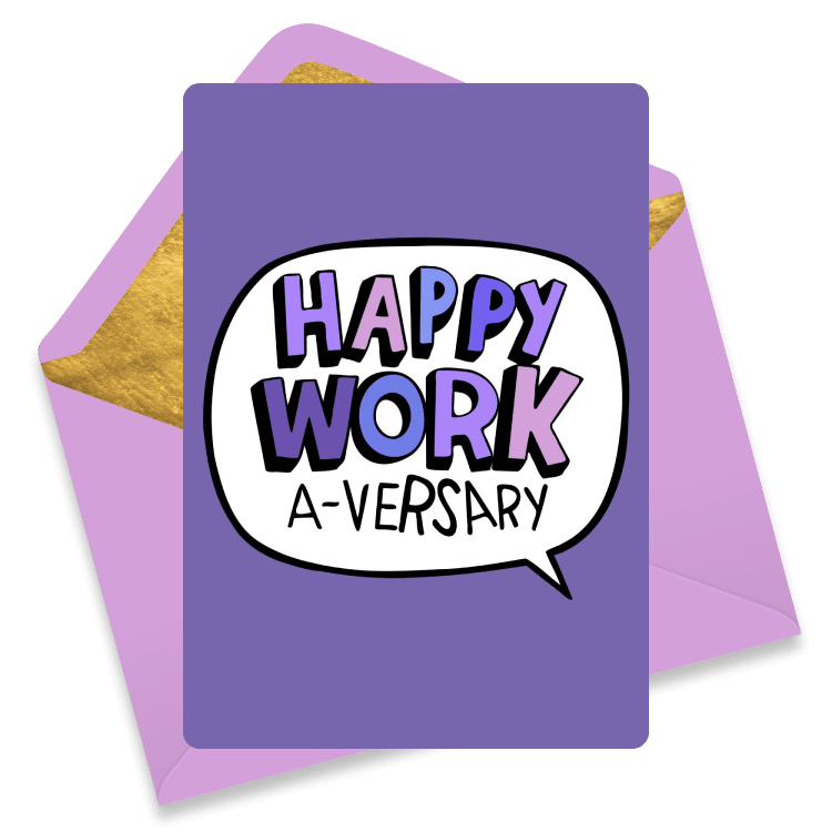 Cheerful eCard with a purple background and a speech bubble reading 'Happy Work A-Versary' in bold, playful font.