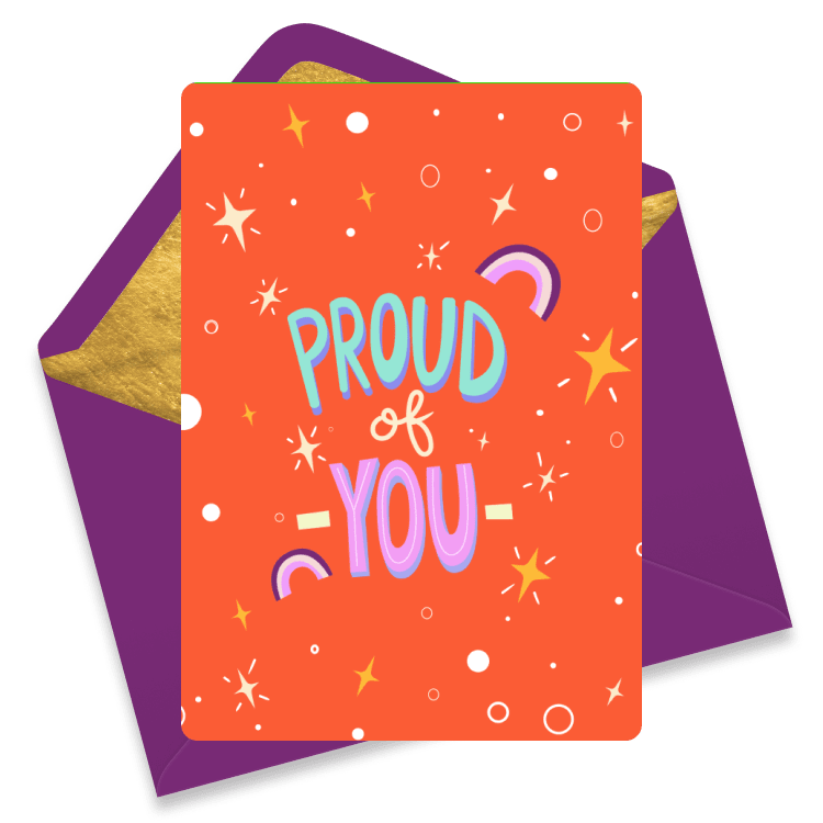 Bright orange congratulations eCard reading “Proud of You” with stars, dots, and small rainbows; cheerful recognition design.