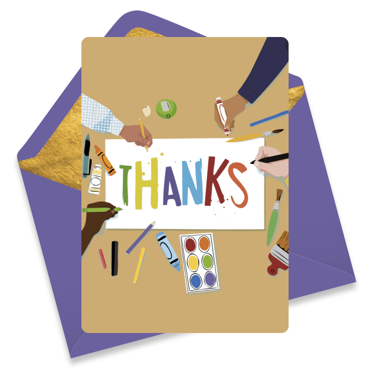 A colorful thank you card with hands painting and drawing the word 'THANKS'.
