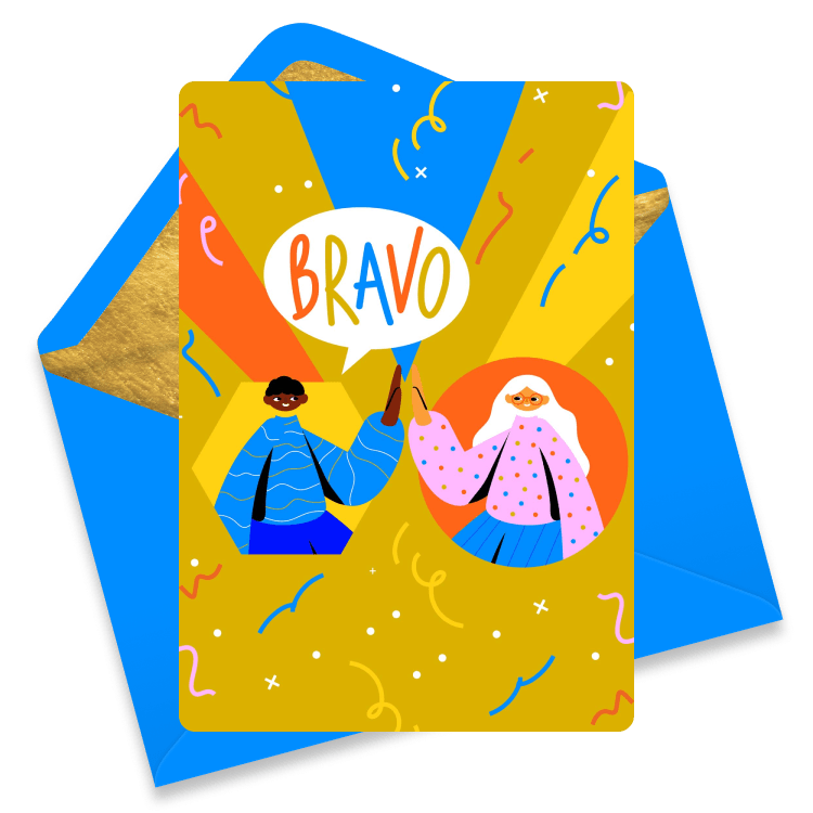Colorful eCard with two illustrated people high-fiving under a speech bubble that says 'Bravo', surrounded by confetti on a bright background.