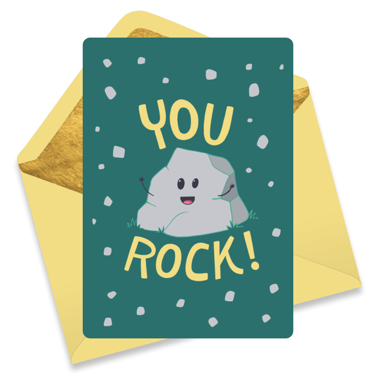 Teal congratulations eCard with a smiling cartoon rock and confetti dots, featuring large text “You Rock!”—playful and upbeat.