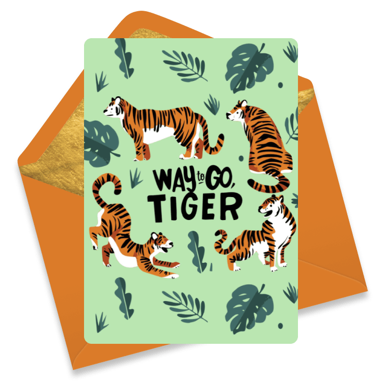 Illustrated congratulations eCard with playful tigers and leafy greenery around the phrase “Way to go, tiger.”