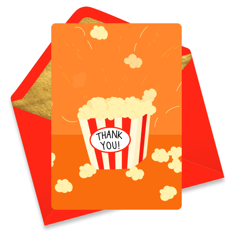 A thank you card with popcorn popping out of a striped container.