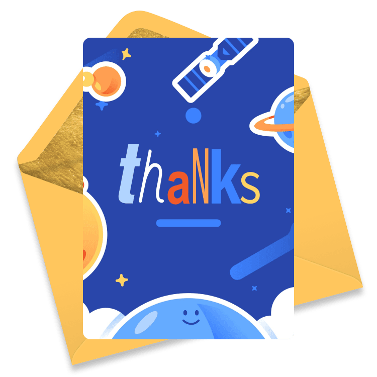 Fun space-themed thank you eCard featuring planets, stars, a satellite, and colorful 