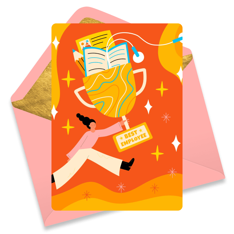 Vibrant eCard featuring a person running with a large trophy full of office items and a 'Best Employee' tag, set on an orange background.