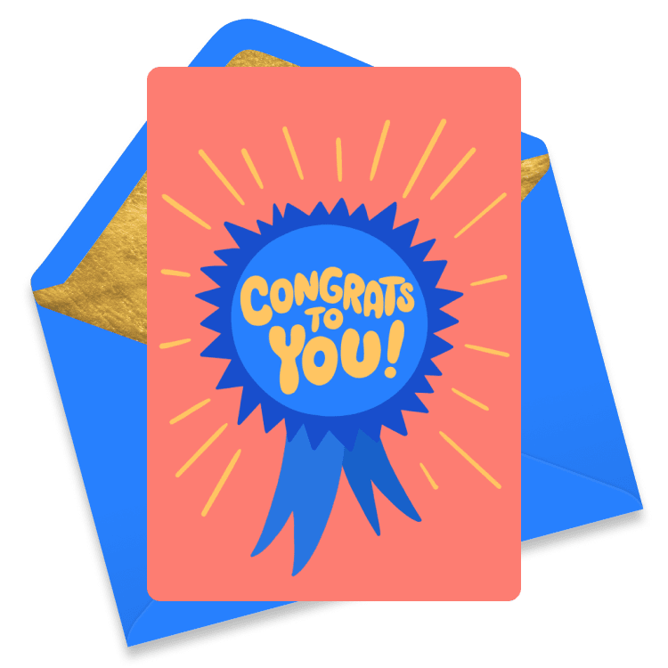 Pink congratulations eCard with a blue rosette ribbon, sunny rays, and bold hand lettering reading “Congrats to You!”
