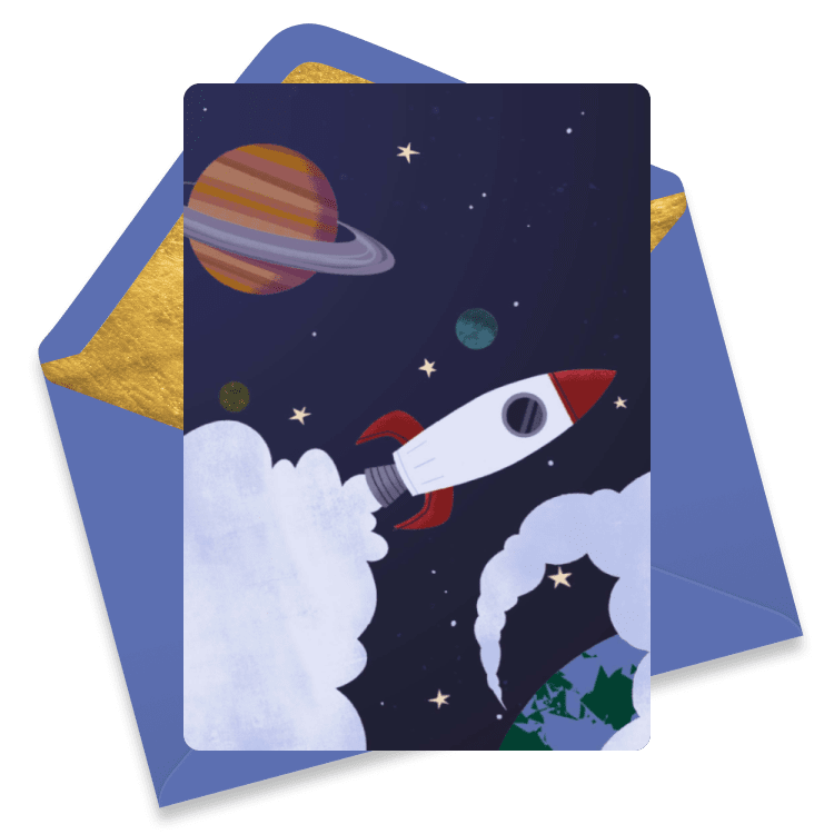 Space‑themed congratulations eCard with a red‑and‑white rocket blasting off past planets and stars above Earth.