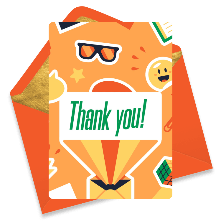 Vibrant thank you eCard with a “Thank You!” sign, set against an orange background filled with playful icons like sunglasses, smiley faces, and stars. A fun and lighthearted way to show your appreciation.