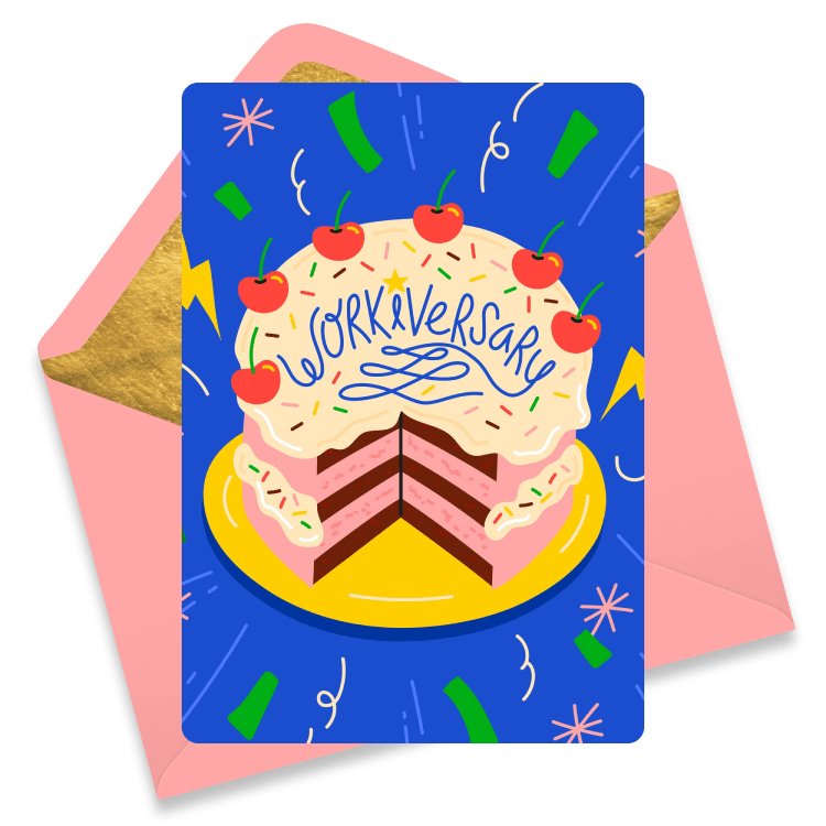 Playful eCard with a layered cake topped with cherries and 'Workiversary' written in script, surrounded by confetti on a blue background.
