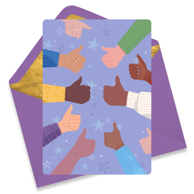 Congratulations eCard showing diverse hands giving thumbs up around a purple star field; cheerful team approval.