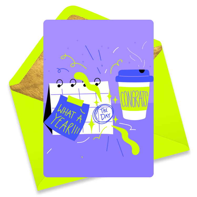 Bright eCard with a calendar page marked 'The Day', a coffee cup labeled 'Congrats', and confetti on a purple background.