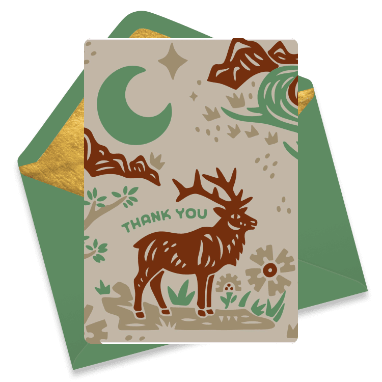 Illustrated thank you card depicting a woodland scene with a deer and fox among plants and mushrooms under a crescent moon, with a green envelope behind it.