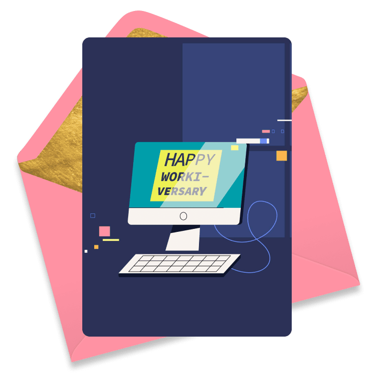 Modern eCard featuring a desktop computer with 'Happy Workiversary' displayed on the screen, set against a dark blue background.