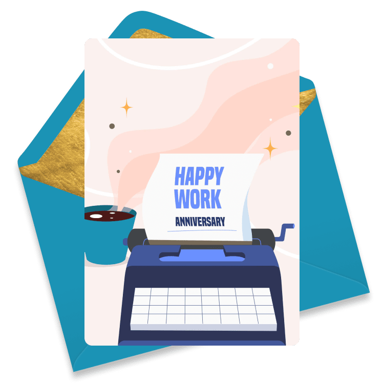 Stylish eCard with a typewriter producing a page that reads 'Happy Work Anniversary', accompanied by a cup of coffee.