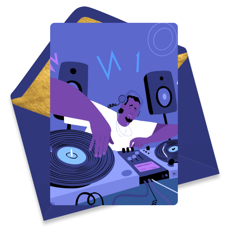 Illustrated eCard of a DJ spinning records on turntables with vibrant purple and blue tones, symbolizing a lively welcome & onboarding eCard experience.