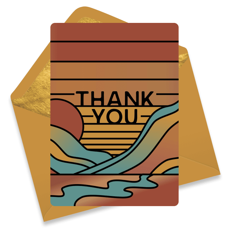 Retro-style thank you eCard with warm earthy tones, a stylized sunset, curved river-like shapes, and horizontal stripes. A modern yet nostalgic way to express heartfelt appreciation.