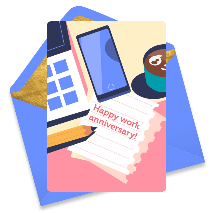 Bright eCard with an overhead view of a desk featuring a phone, notebook, pencils, and coffee, with 'Happy work anniversary!' text.