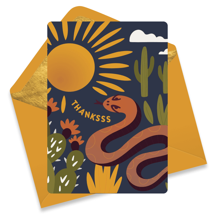 Thank you eCard illustration featuring a vibrant sun with swirling lines and leaves on a dark background, with a slithering snake saying 