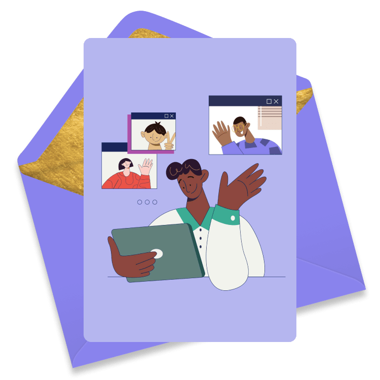 Illustrated eCard with a person waving from a tablet and others waving from video call windows on a purple background.