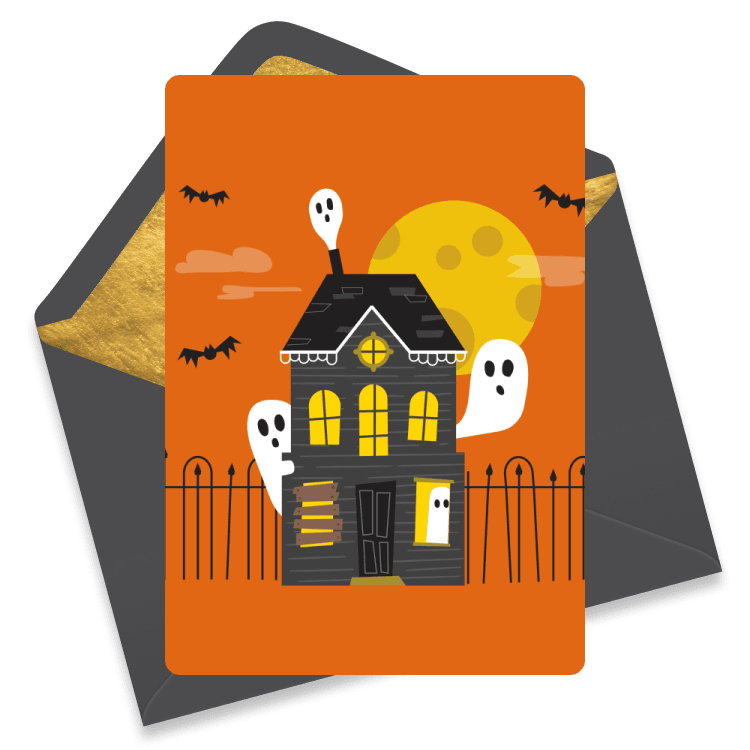 Halloween eCard with a haunted house, ghosts, bats, and a full moon on an orange background.
