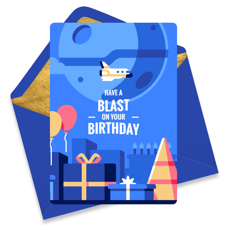 Blue birthday eCard featuring a space shuttle flying in front of a stylized Death Star, over a cityscape dotted with huge presents.