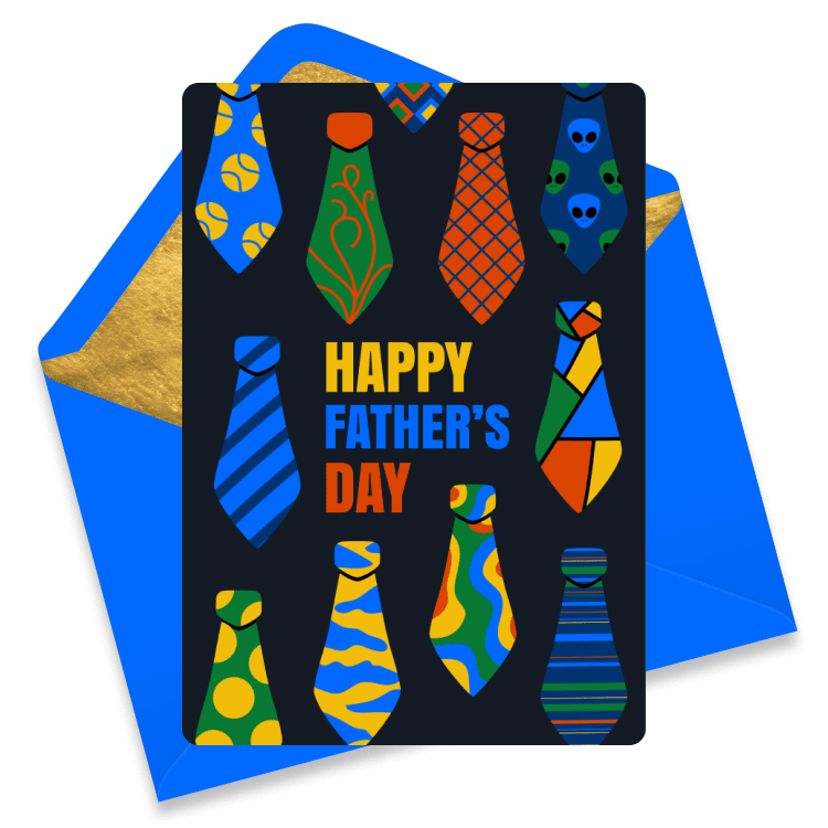 Father’s Day card featuring colorful patterned ties against a dark background, reading 'Happy Father’s Day'.