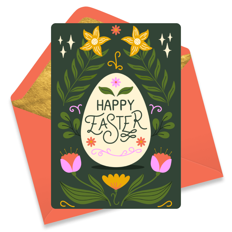 Easter card featuring a large decorative egg surrounded by yellow daffodils, tulips, and green leaves on a dark background.