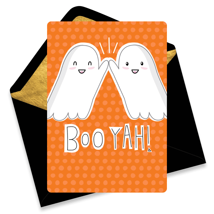 Halloween card with two cute white ghosts high-fiving, with the text 'Boo Yah!' on an orange polka dot background.
