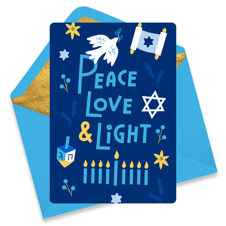 Hanukkah card with the words 'Peace Love & Light', decorated with menorah, dove, dreidel, and floral accents.