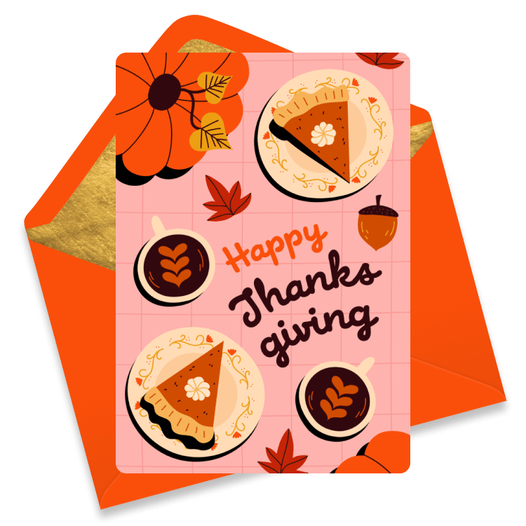 Playful Thanksgiving eCard with pie slices, latte art coffees, acorn, and fall leaves, featuring the message “Happy Thanksgiving.”