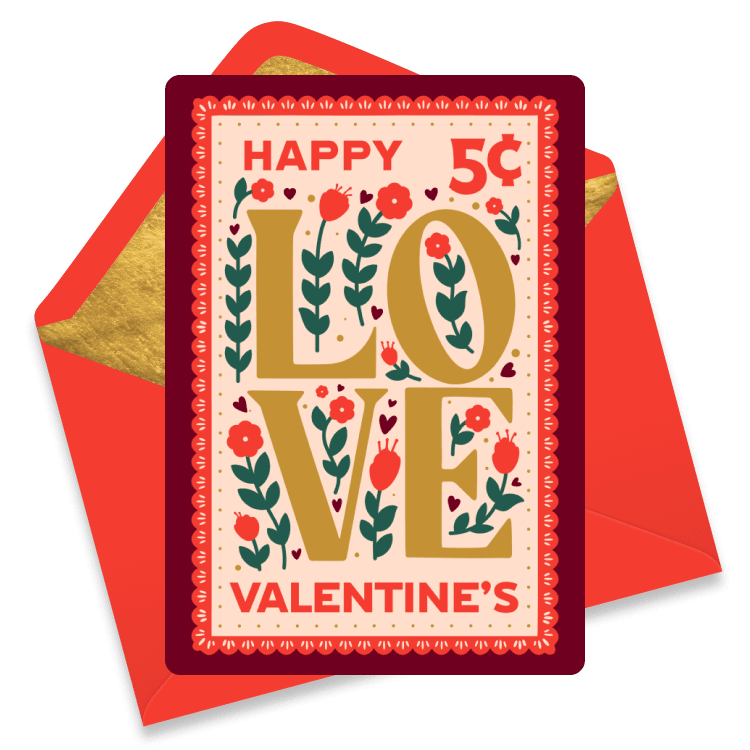 Vintage-inspired Valentine’s Day card with bold gold letters spelling LOVE, decorated with red floral patterns.