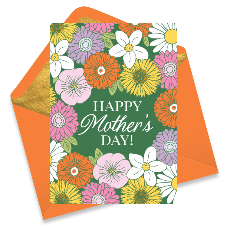 Colorful Mother's Day card with a burst of vibrant flowers and 'Happy Mother's Day' text