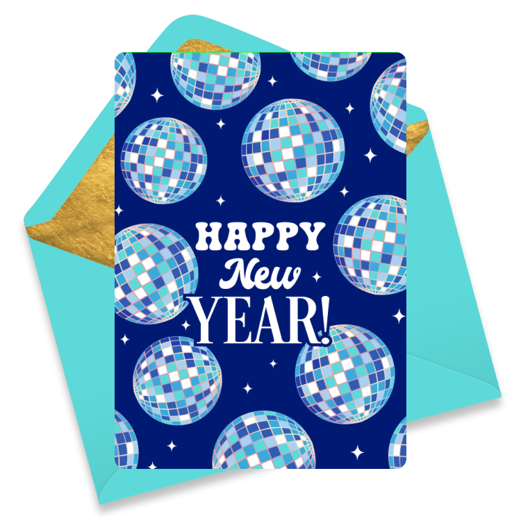 Blue New Year eCard patterned with silver disco balls and stars, featuring the words “Happy New Year!”; festive pick in new years ecards.