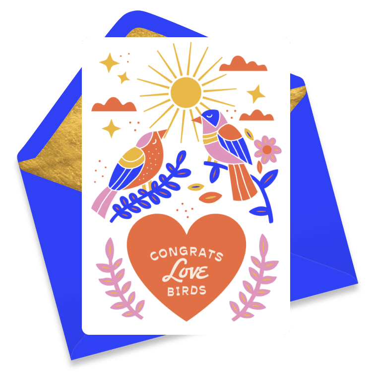 Romantic eCard with two colorful birds facing each other under a shining sun, surrounded by flowers and the text 'Congrats Love Birds' inside a heart.