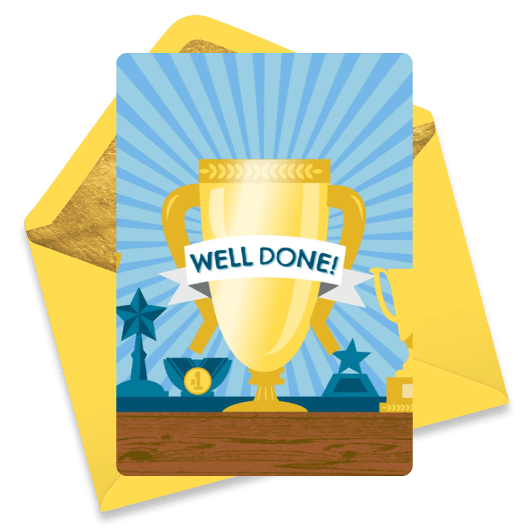 Congratulations eCard showing a large golden trophy with a banner that says WELL DONE against blue sunburst rays and award icons.