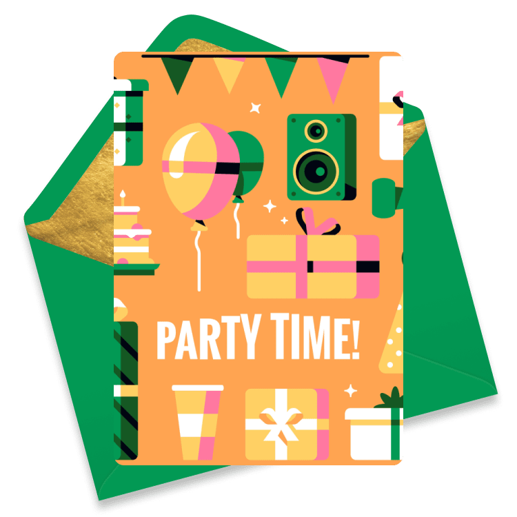 Orange birthday card with balloons, cake, presents, speakers, and confetti with the words 'Party Time!'