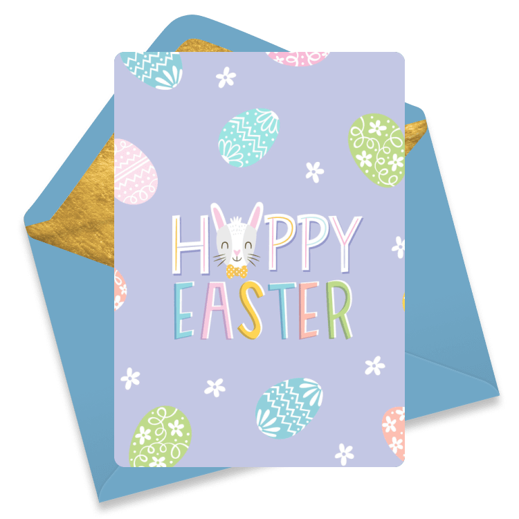 Easter eCard with pastel eggs, flowers, and a bunny face forming the words 'Happy Easter'.